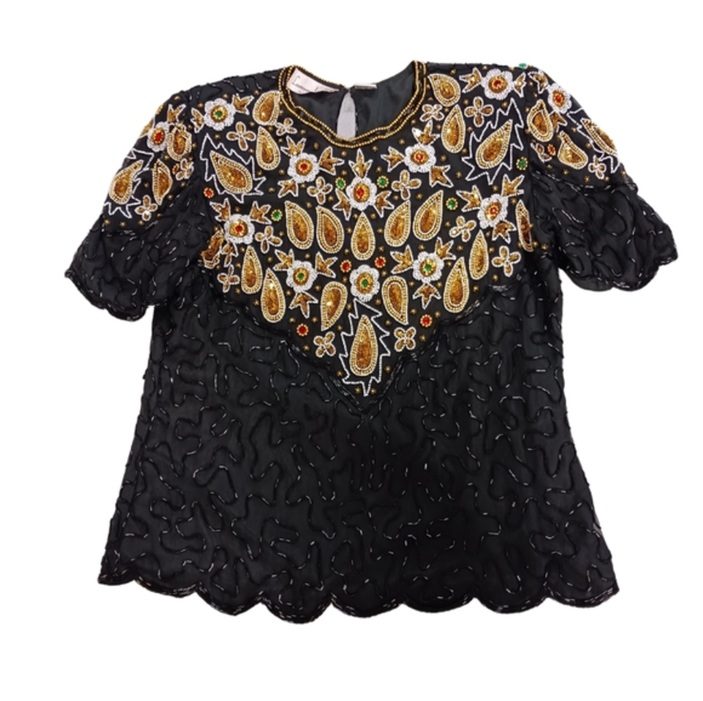 Vintage Laurence Kazar Silk beaded top size Petite Medium‎ fit like LG.